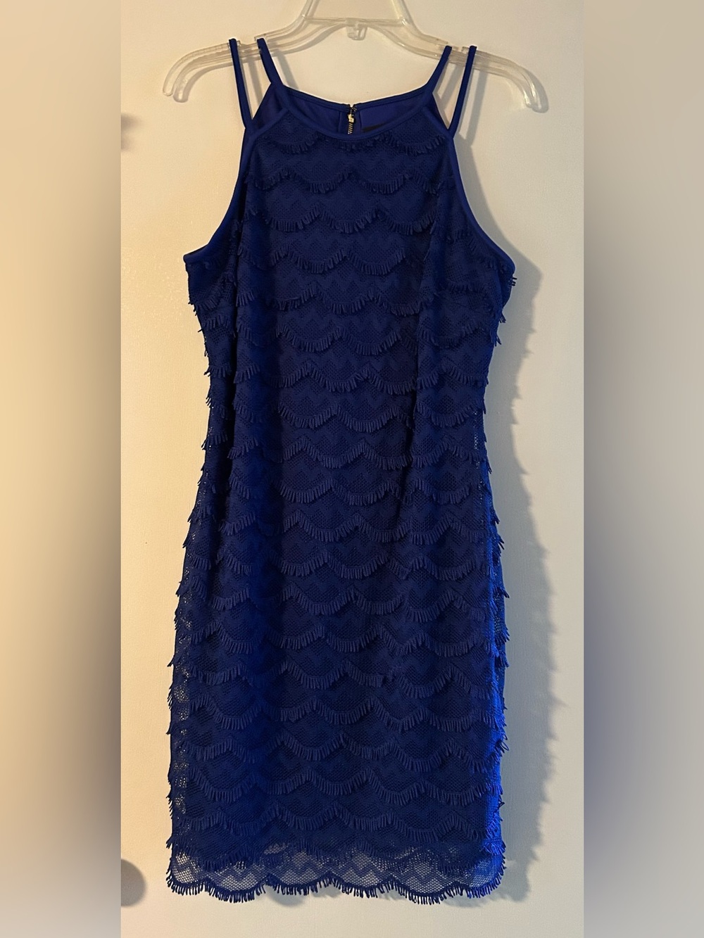 Guess Deep Blue Sheath Dress with Double Spaghetti Straps and Fringe Detail